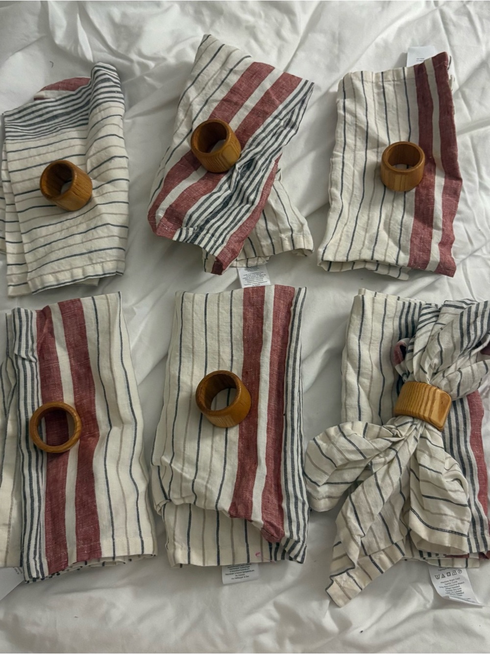West elm Striped Linen Napkin Set with Wooden Rings - Red & Navy